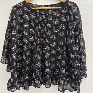 ANNA SUI Floral Blouse Black Chiffon 3/4 Sleeve Women Size S